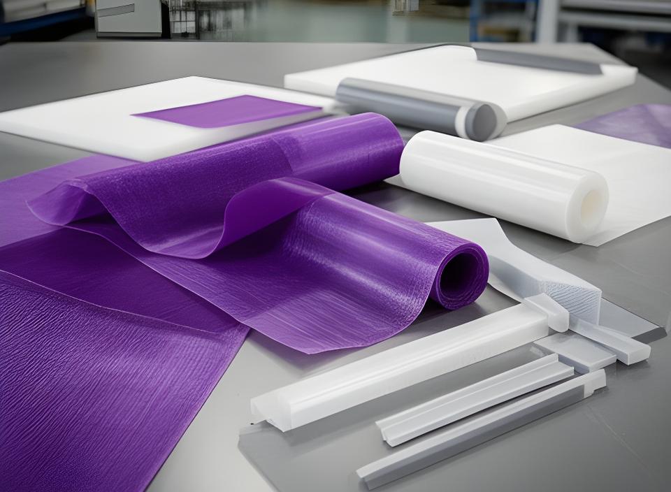 Muestra de telas, mantas y perfiles de fibra de vidrio sobre una mesa industrial iluminada, con texturas y colores suaves