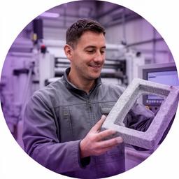 Responsable de producción controlando piezas de fibra de vidrio junto a maquinaria industrial