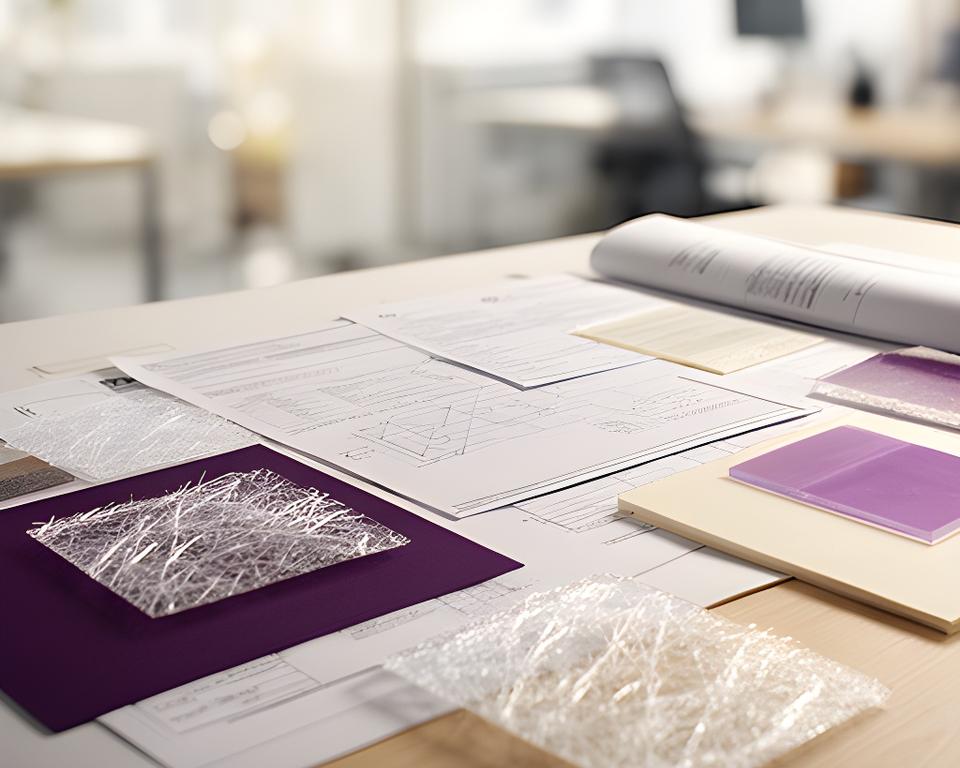 Documentación legal sobre una mesa de trabajo con planos, muestras de fibra de vidrio y una oficina luminosa