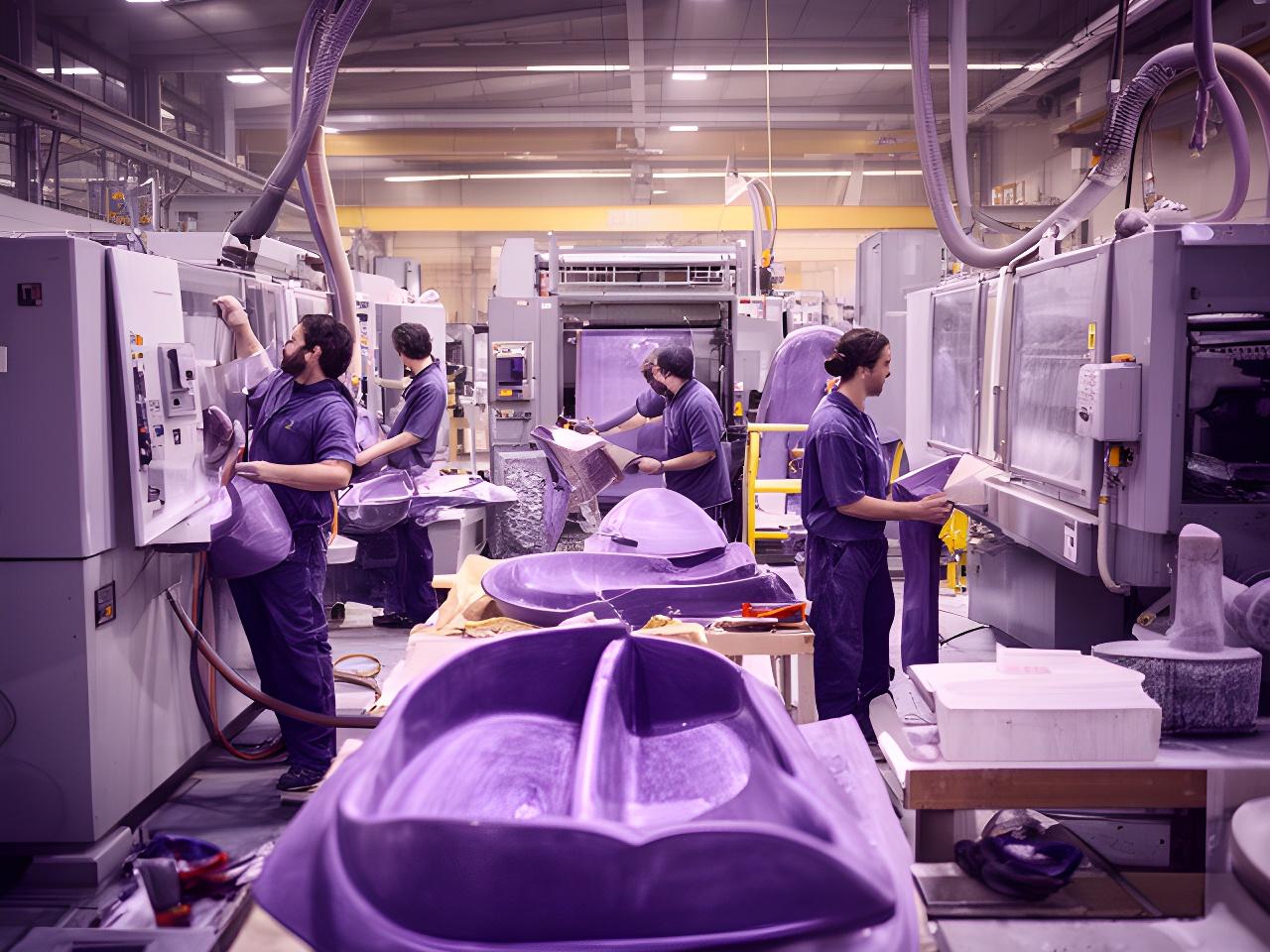 Equipo de trabajo en planta de fibra de vidrio con maquinaria y piezas en proceso, en Mercedes, Buenos Aires