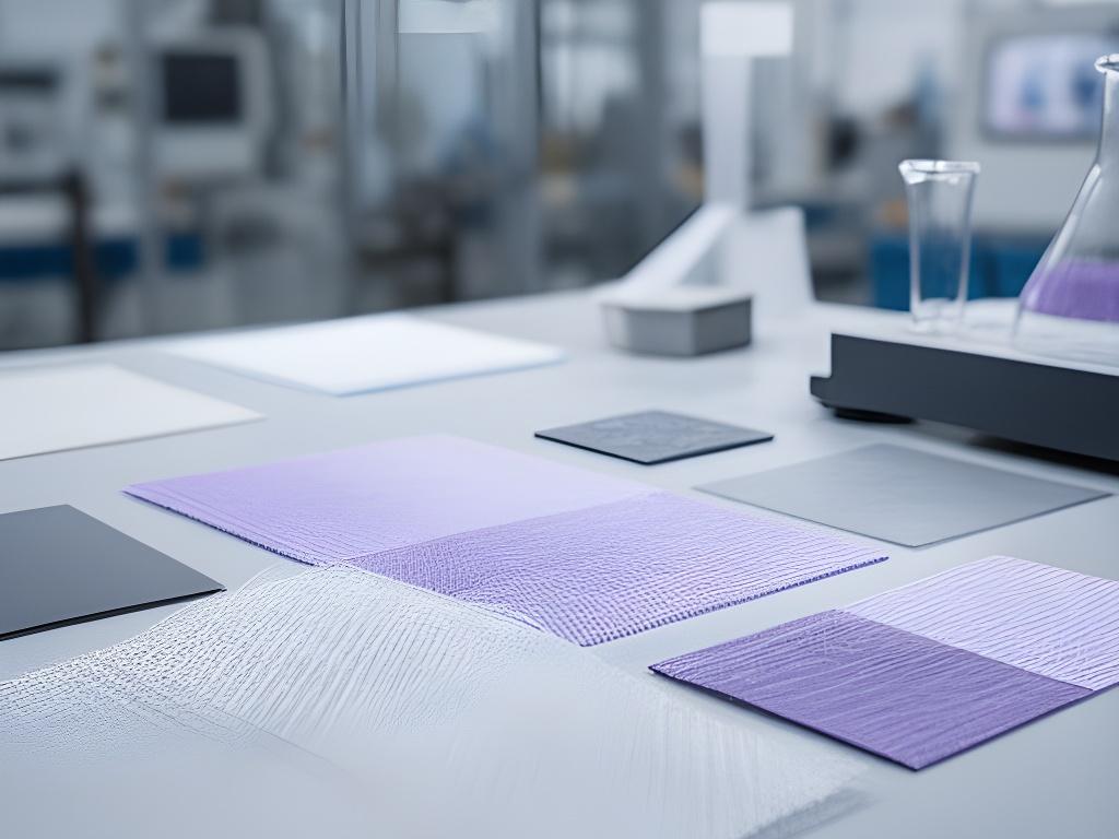 Planos técnicos, muestras de fibra de vidrio y una mesa de trabajo industrial iluminada con tonos suaves