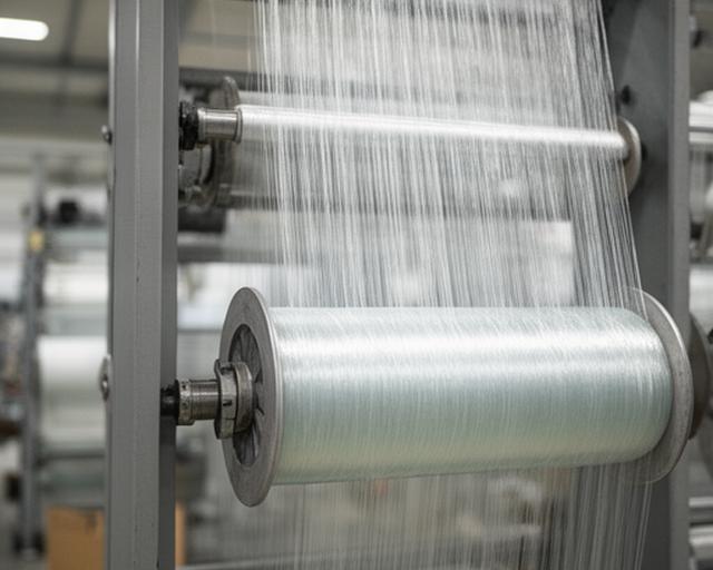 Bobinas de hilo roving de fibra de vidrio en un rack industrial, con filamentos claros y ordenados